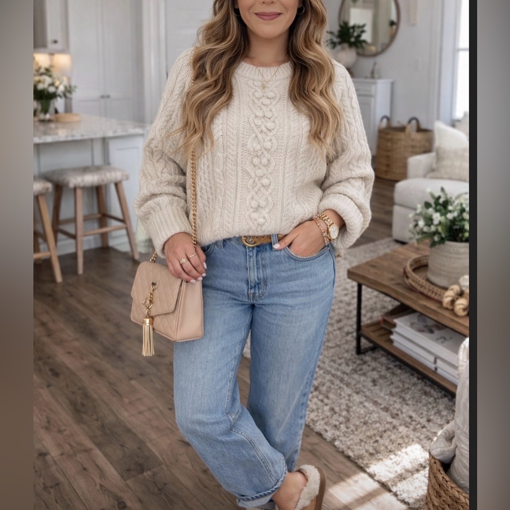 Elegant Cable Knit Cream Sweater